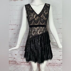 NEW ANTHROPOLOGIE FOXIEDOX Aurora S Black Lace & Velvet Ruffle Dress Size Small